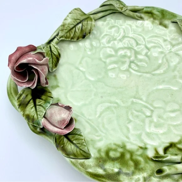 Vintage Majolica Pottery Platter 12” Green Leaves Pink Capodimonte Raised Roses - Picture 10 of 16